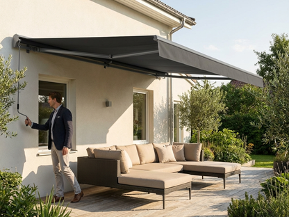 Grey awning with crank handle, perfect for outdoor use - product detail