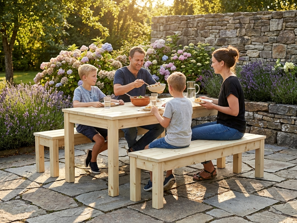 Wooden garden table and bench set in natural finish - product detail