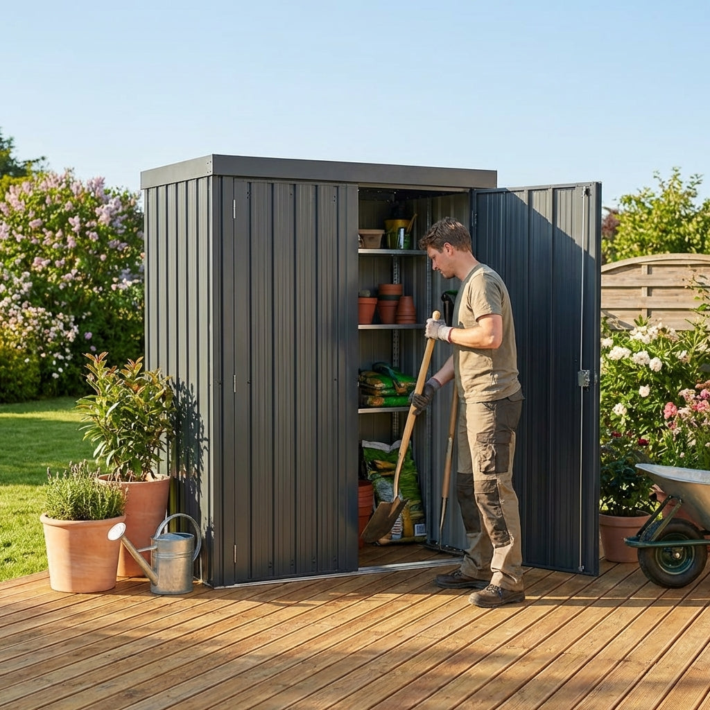 Steel garden shed in anthracite colour for outdoor storage