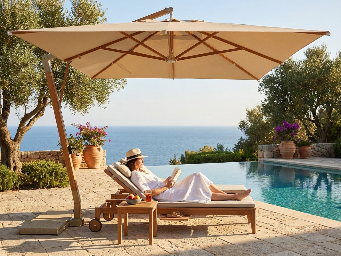Sand cantilever parasol providing outdoor shade