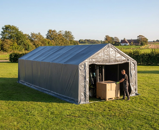 Grey storage shelter made of PVC and steel, industrial use