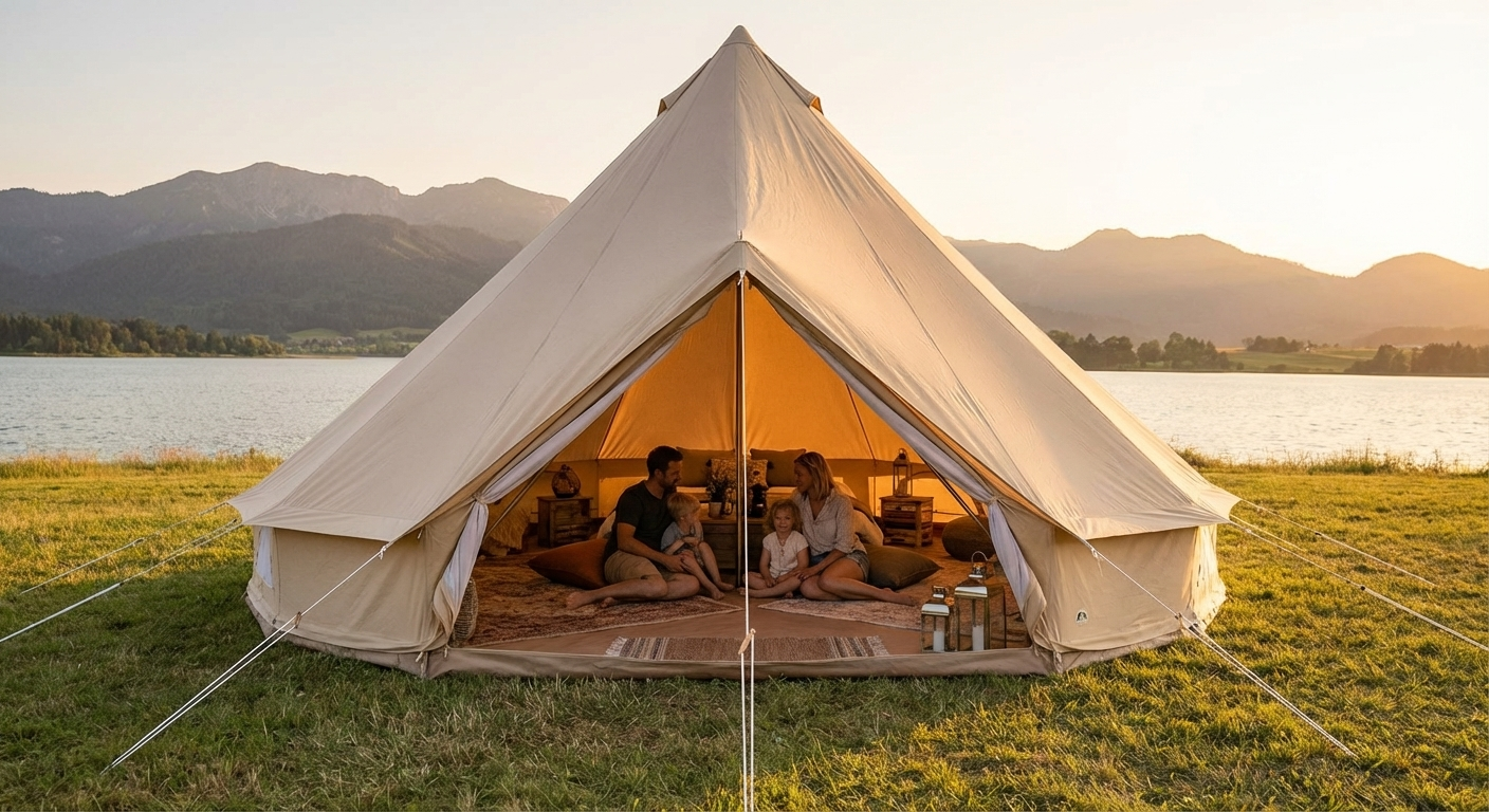 Sand-coloured bell tent for glamping with cotton canvas and steel frame - product detail