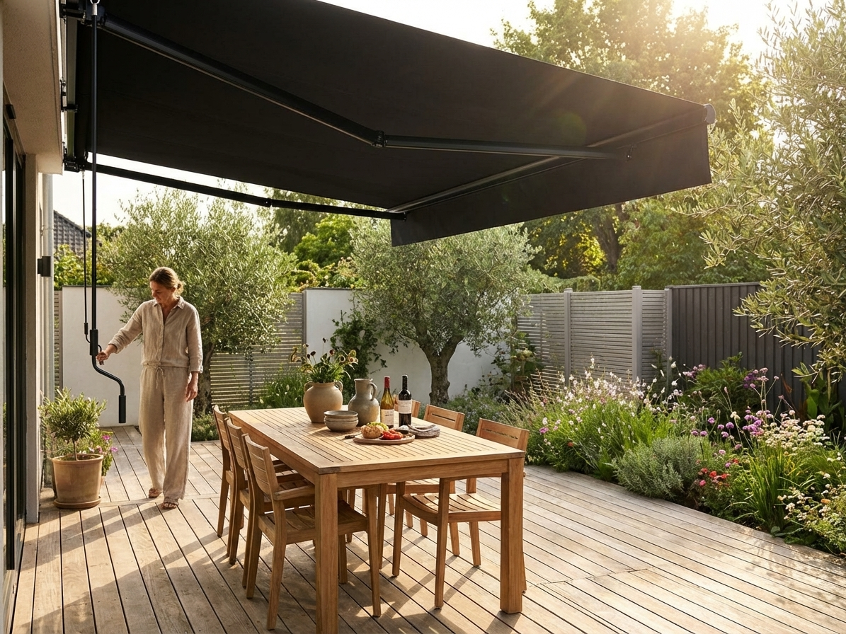 Black awning with aluminium frame in outdoor setting