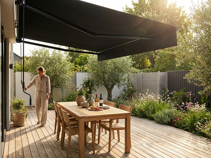 Black awning with aluminium frame in outdoor setting
