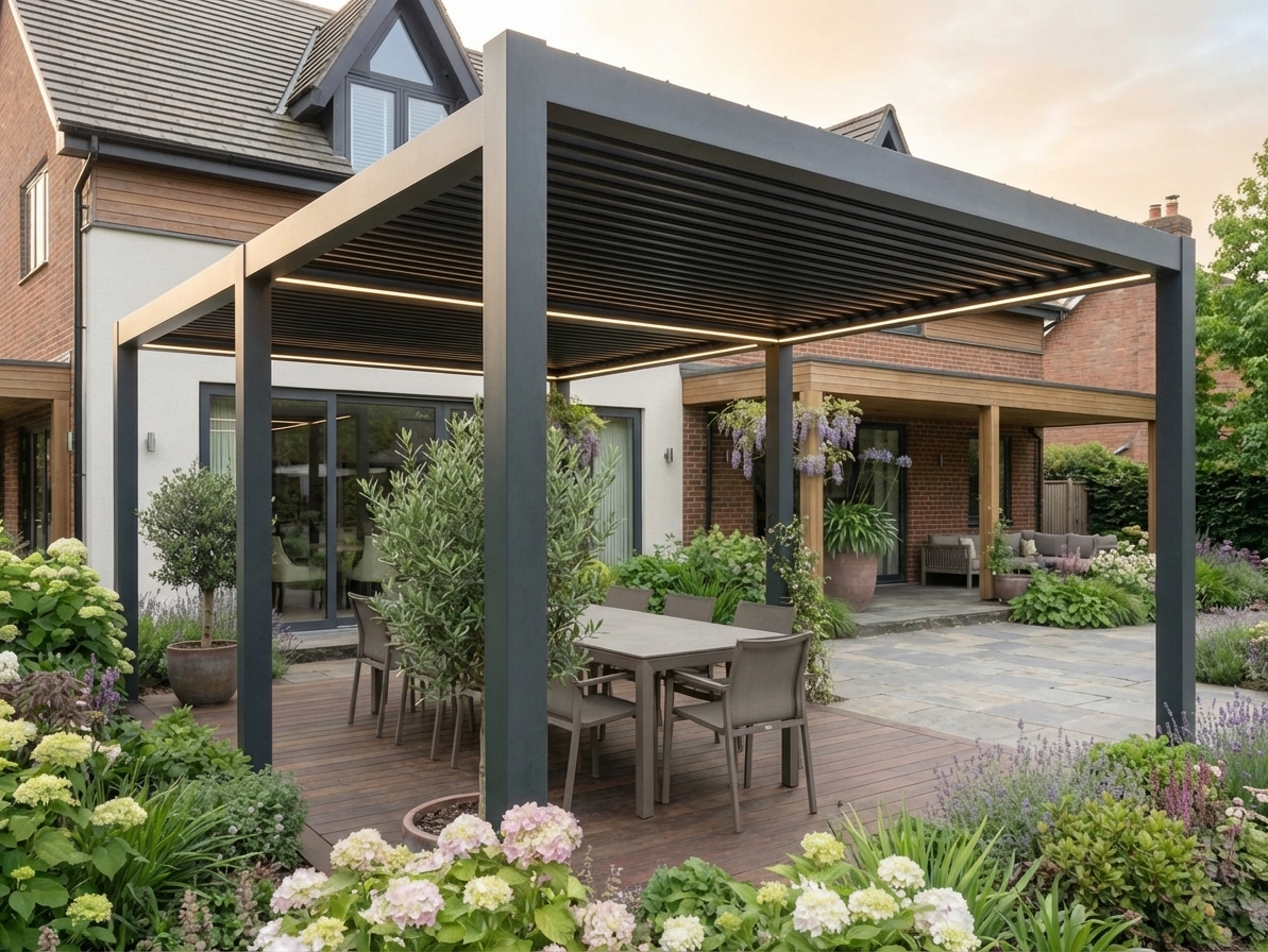 Bioclimatic pergola gazebo in black with steel frame for outdoor use - product detail