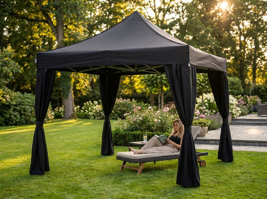 Black pop-up gazebo with steel frame and decorative curtains
