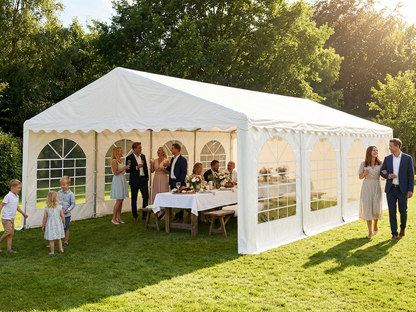 White PVC marquee 4x10 m with galvanised steel frame for events - product detail