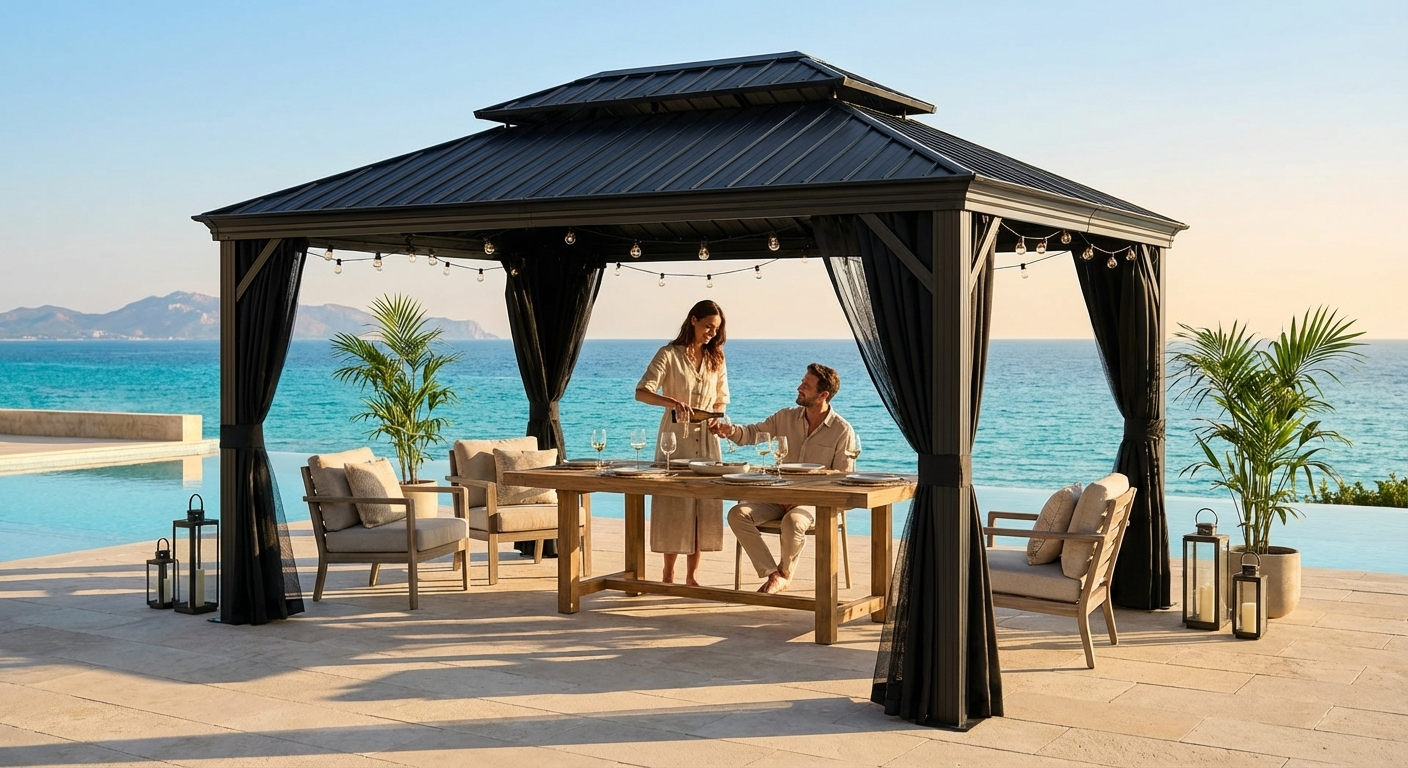 Black gazebo with aluminium frame and steel roof, 3.65x6m
