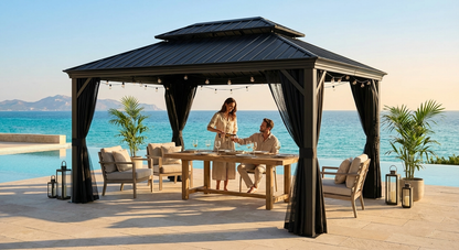 Black gazebo with aluminium frame and steel roof, 3.65x6m