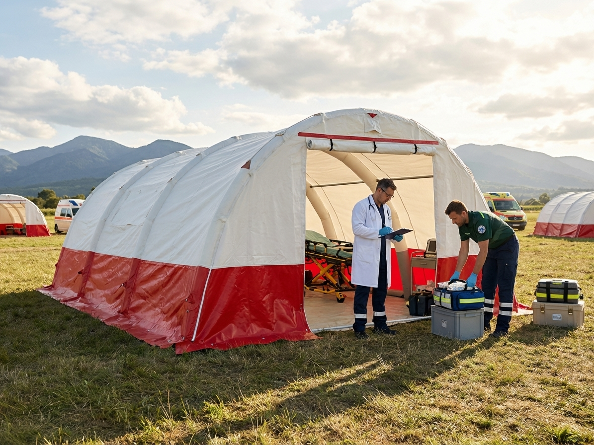 Inflatable medical tent in white and red, emergency shelter