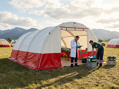 Inflatable medical tent in white and red, emergency shelter