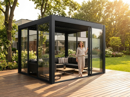 Aluminium Pergola Gazebo with sliding doors, 4x4 m in black