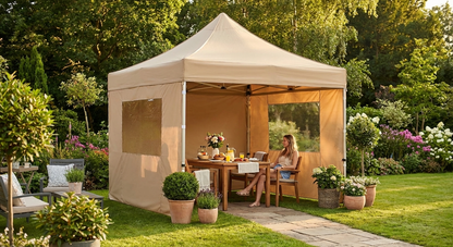 Latte coloured pop up gazebo with aluminium frame for outdoor use