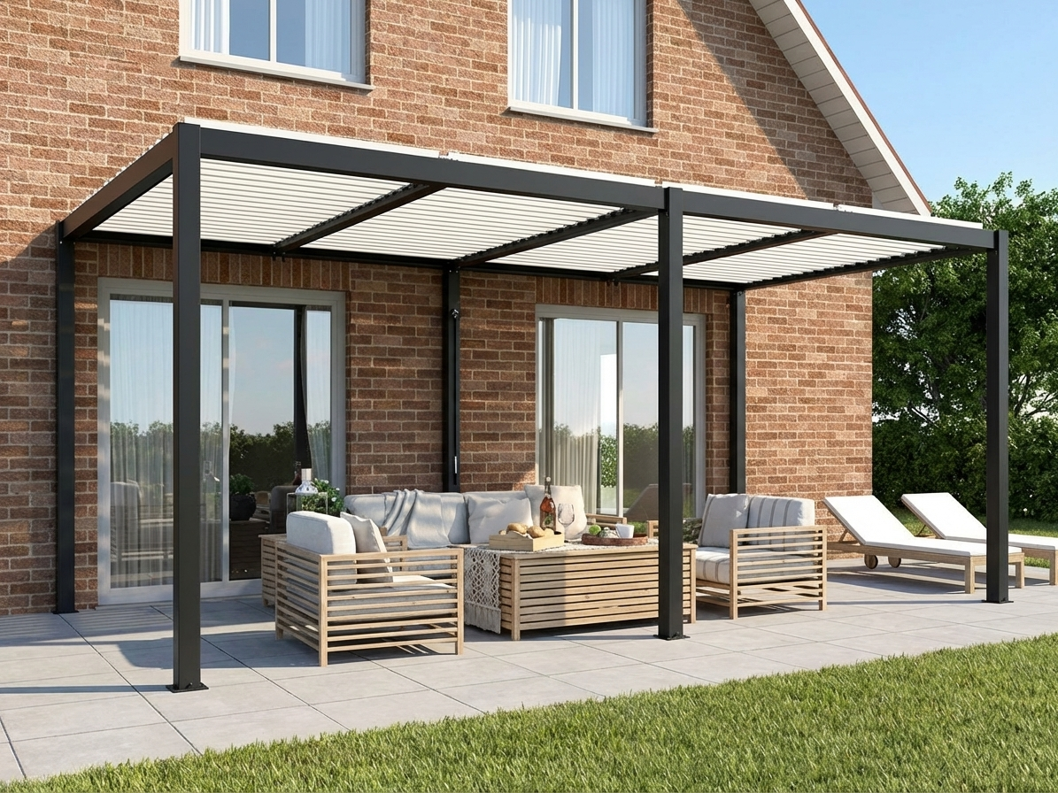 Bioclimatic pergola gazebo in black and white, outdoor aluminium structure
