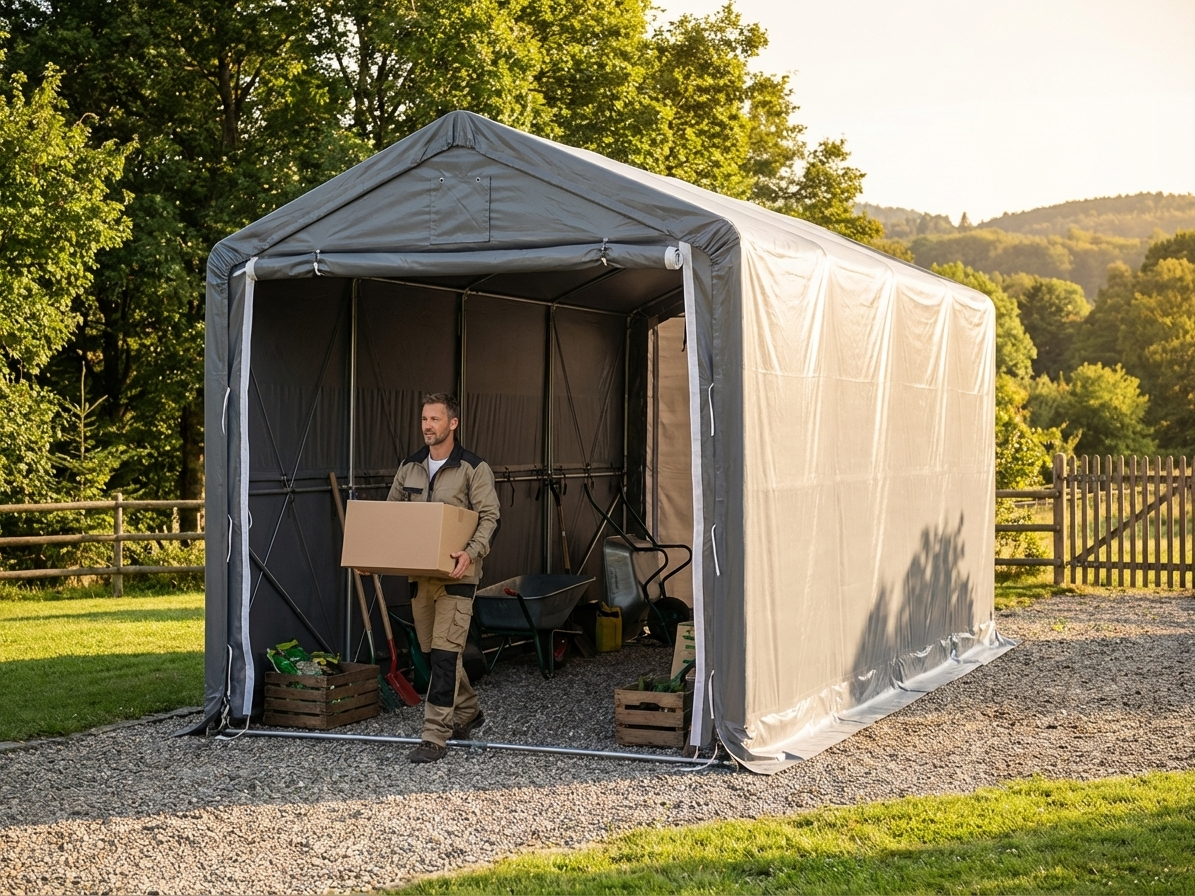 PVC storage shelter in grey with galvanised steel frame for industrial use