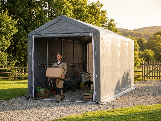 PVC storage shelter in grey with galvanised steel frame for industrial use