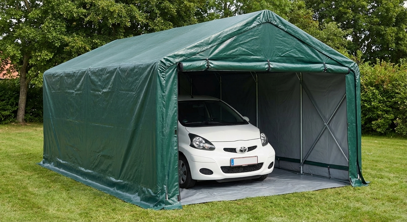 Portable garage in green with strong PVC cover and galvanised steel frame - product detail