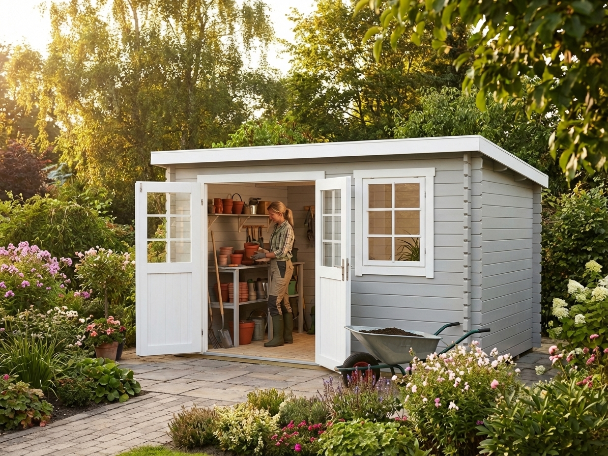 Light grey wooden shed made of Nordic Spruce for garden use