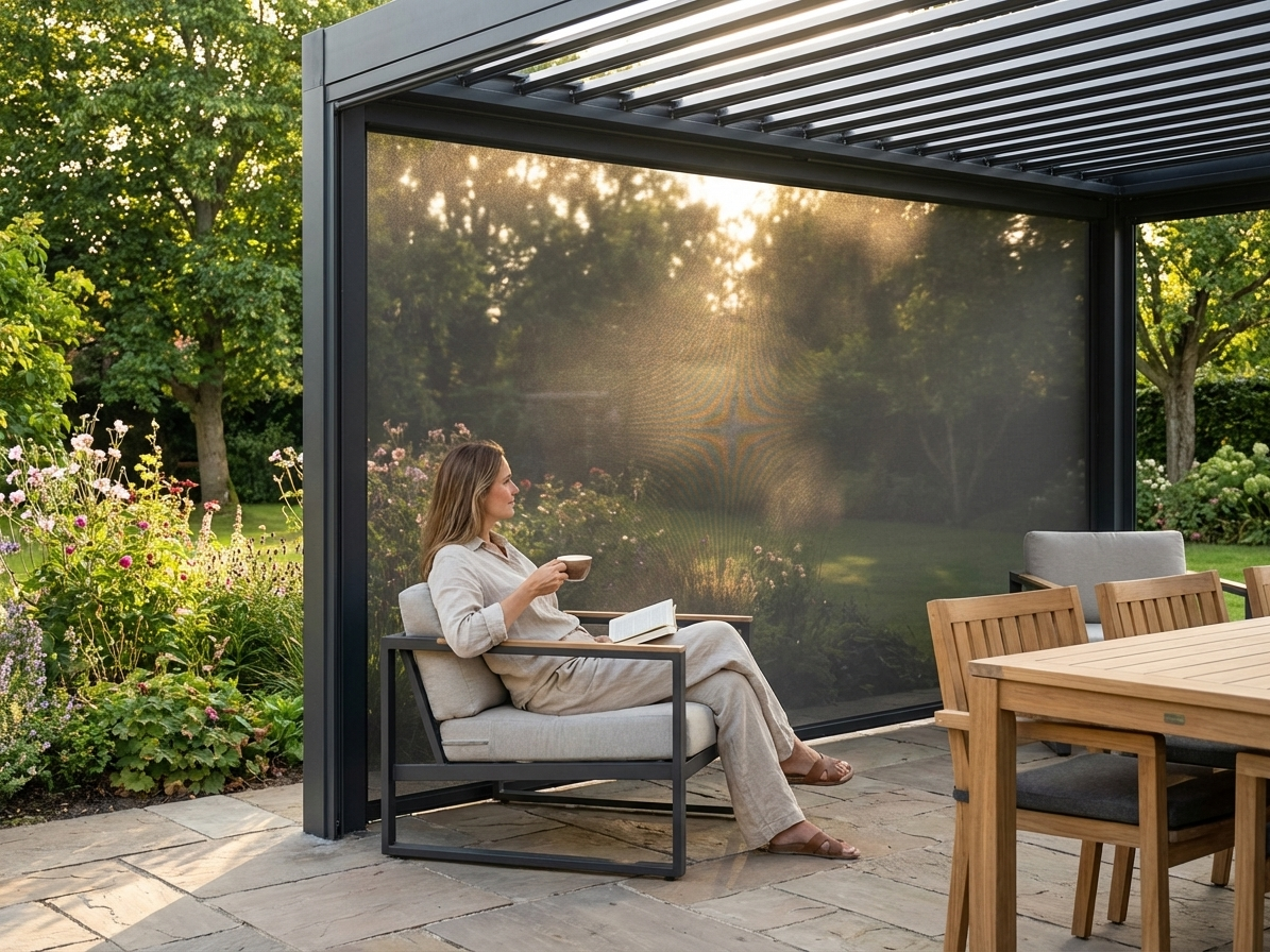 Patio sidewall screen in dark grey, offering UV protection - product detail