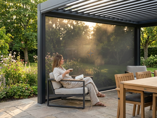 Patio sidewall screen in dark grey, offering UV protection - product detail