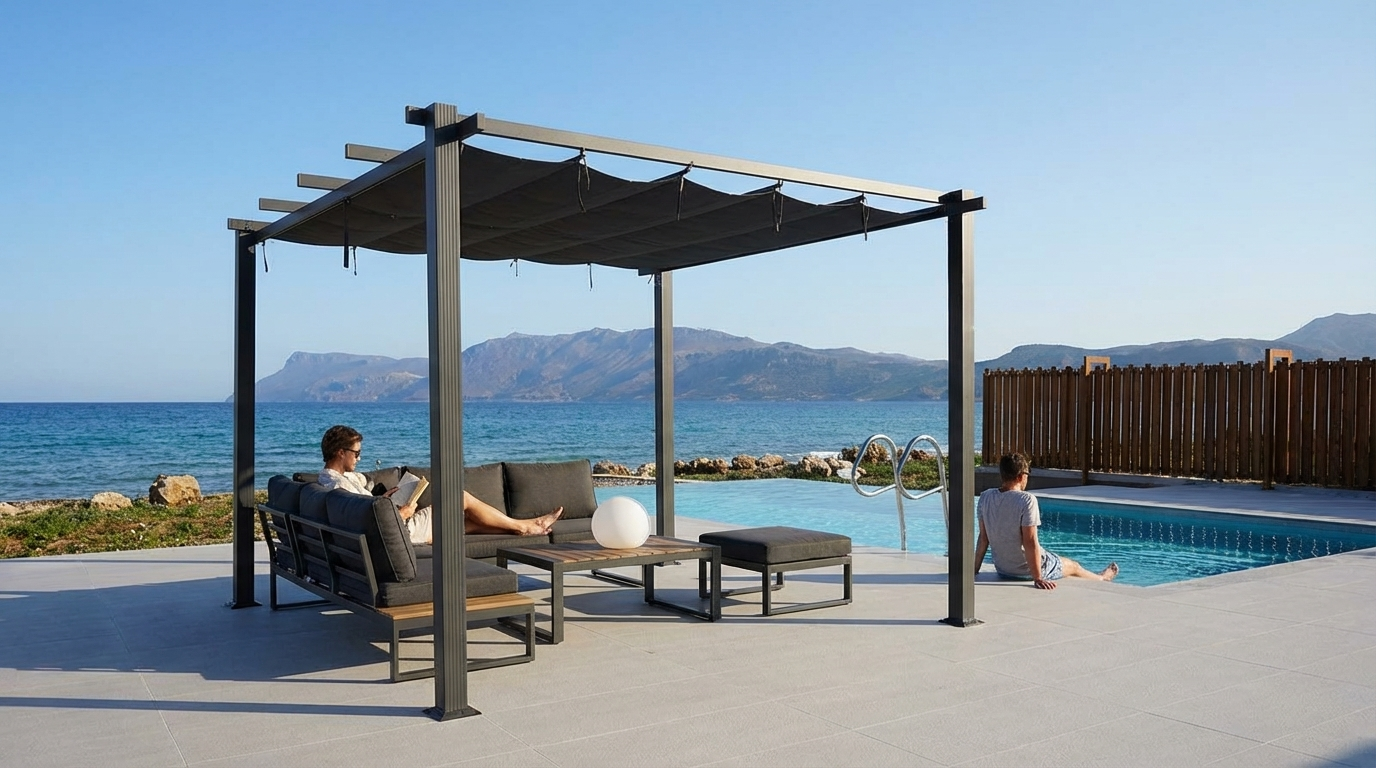 Dark grey pergola gazebo in a garden setting - product detail