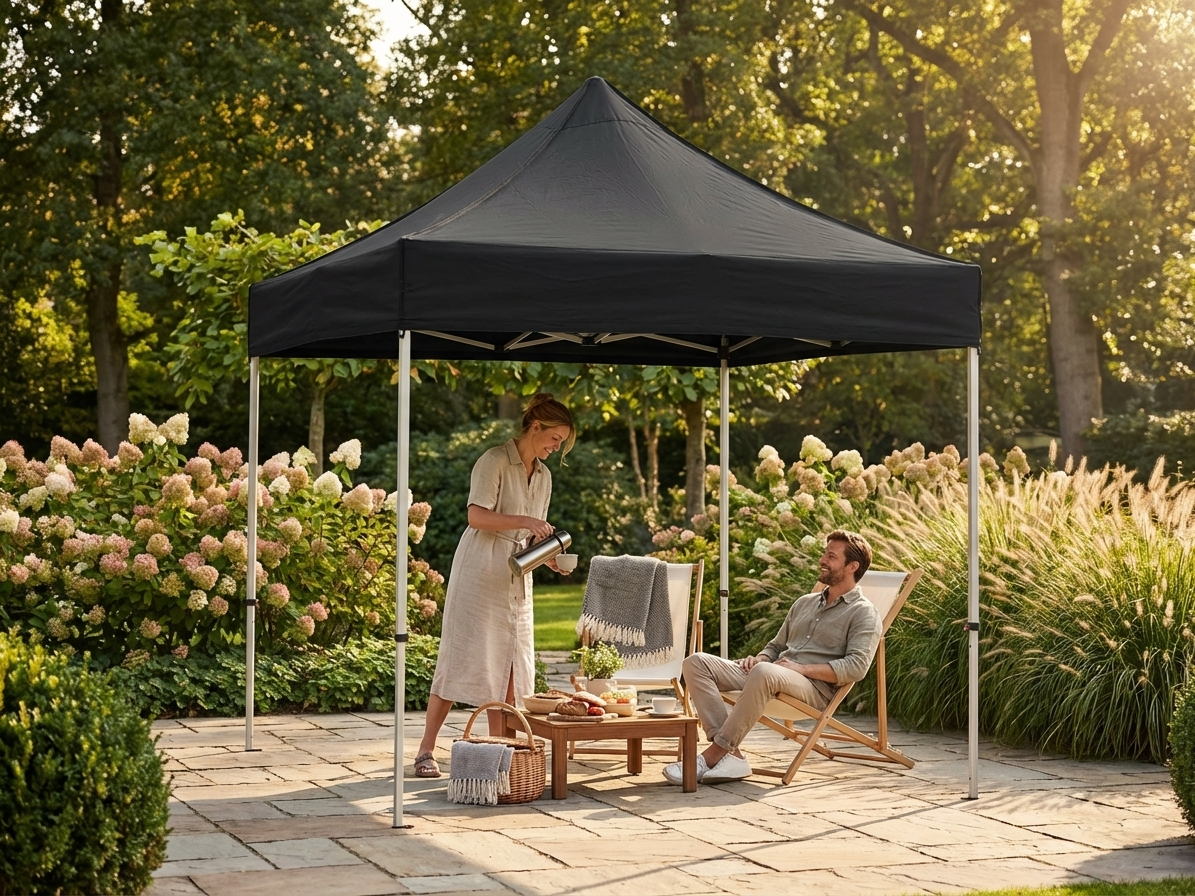 Pop up gazebo 2x2 m black with steel frame and polyester roof for outdoor use - product detail