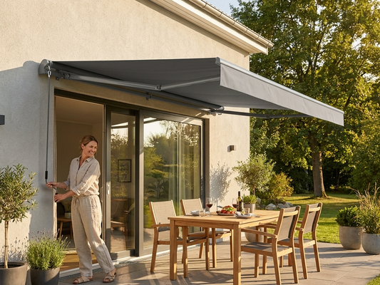 Grey awning with crank handle and aluminium frame for outdoor use