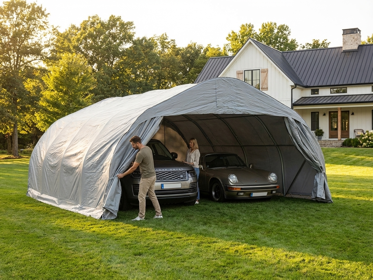 Portable double garage made of PVC in grey, suitable for industrial use