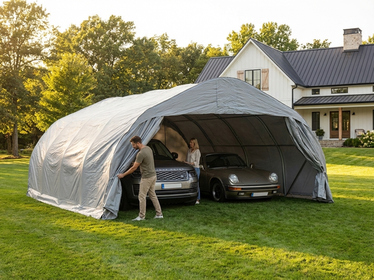 Portable double garage made of PVC in grey, suitable for industrial use