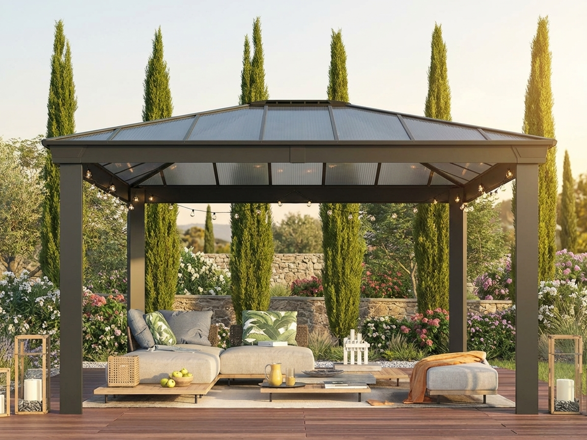 Anthracite gazebo with polycarbonate roof for outdoor use - product detail