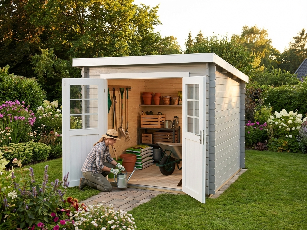 Light grey wooden garden shed made from Nordic Spruce