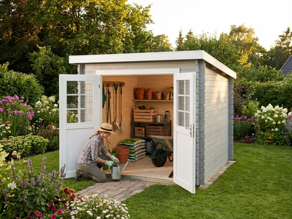 Light grey wooden garden shed made from Nordic Spruce