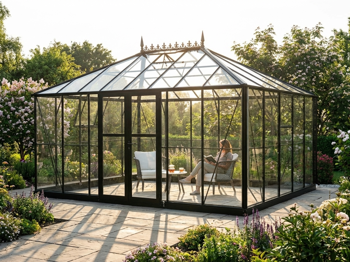 Glass greenhouse with aluminium frame in black, 19 m² area