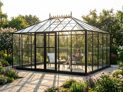 Glass greenhouse with aluminium frame in black, 19 m² area