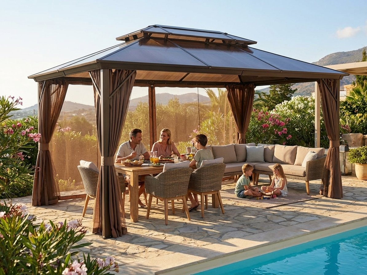 Brown garden gazebo with aluminium frame, 3x4 metres - product detail
