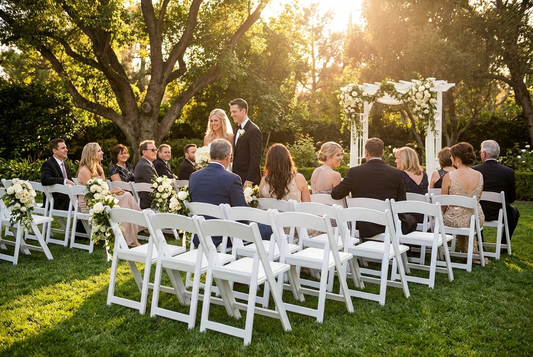 White padded folding chairs, ideal for indoor and outdoor events