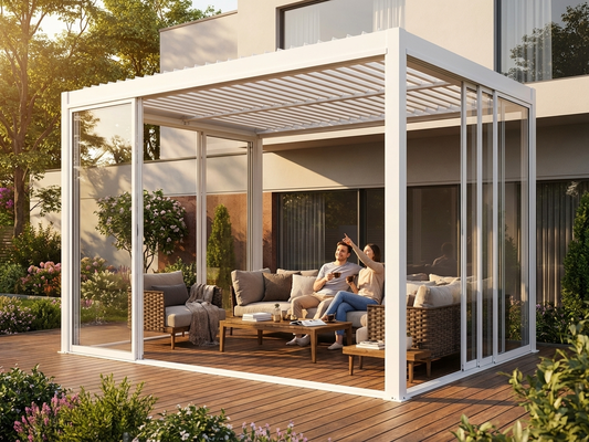Aluminium pergola gazebo with tempered glass sliding doors in white