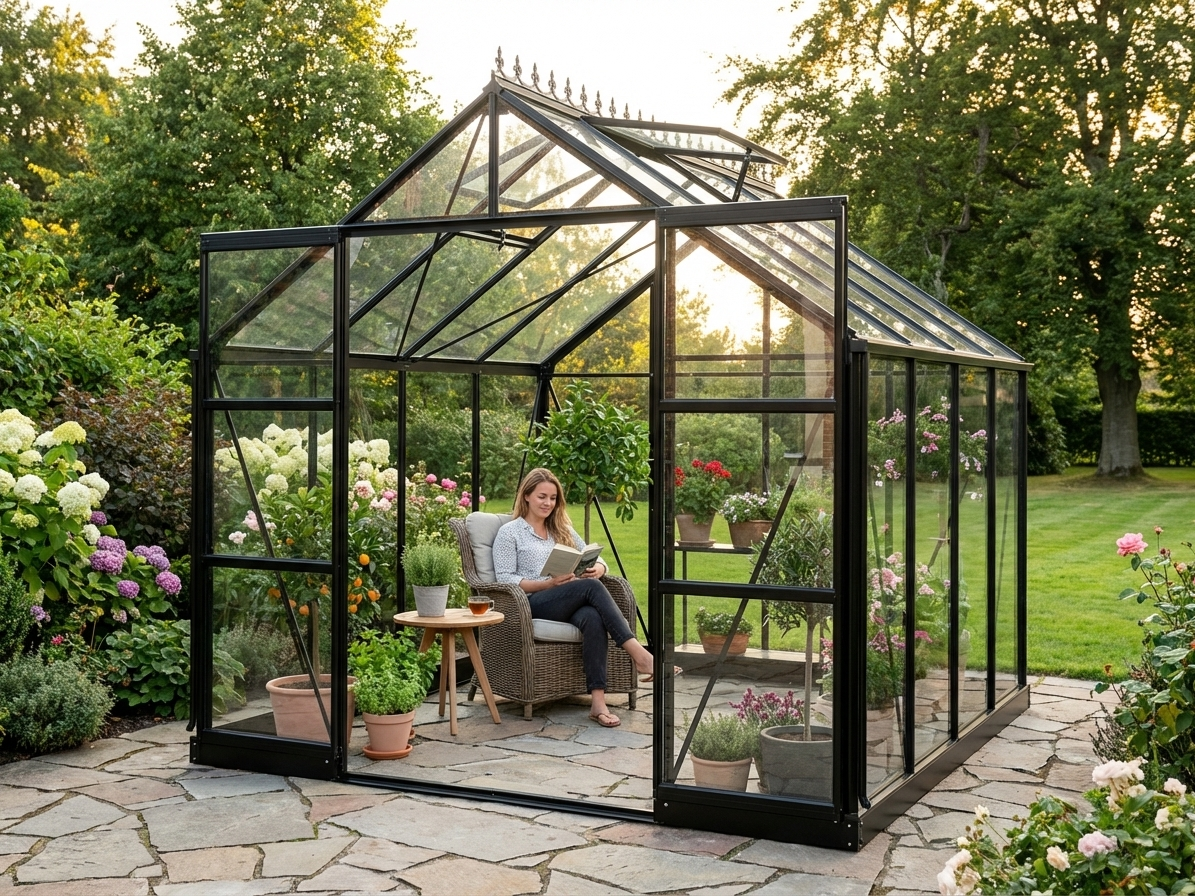 Greenhouse glass with black aluminium frame in garden setting