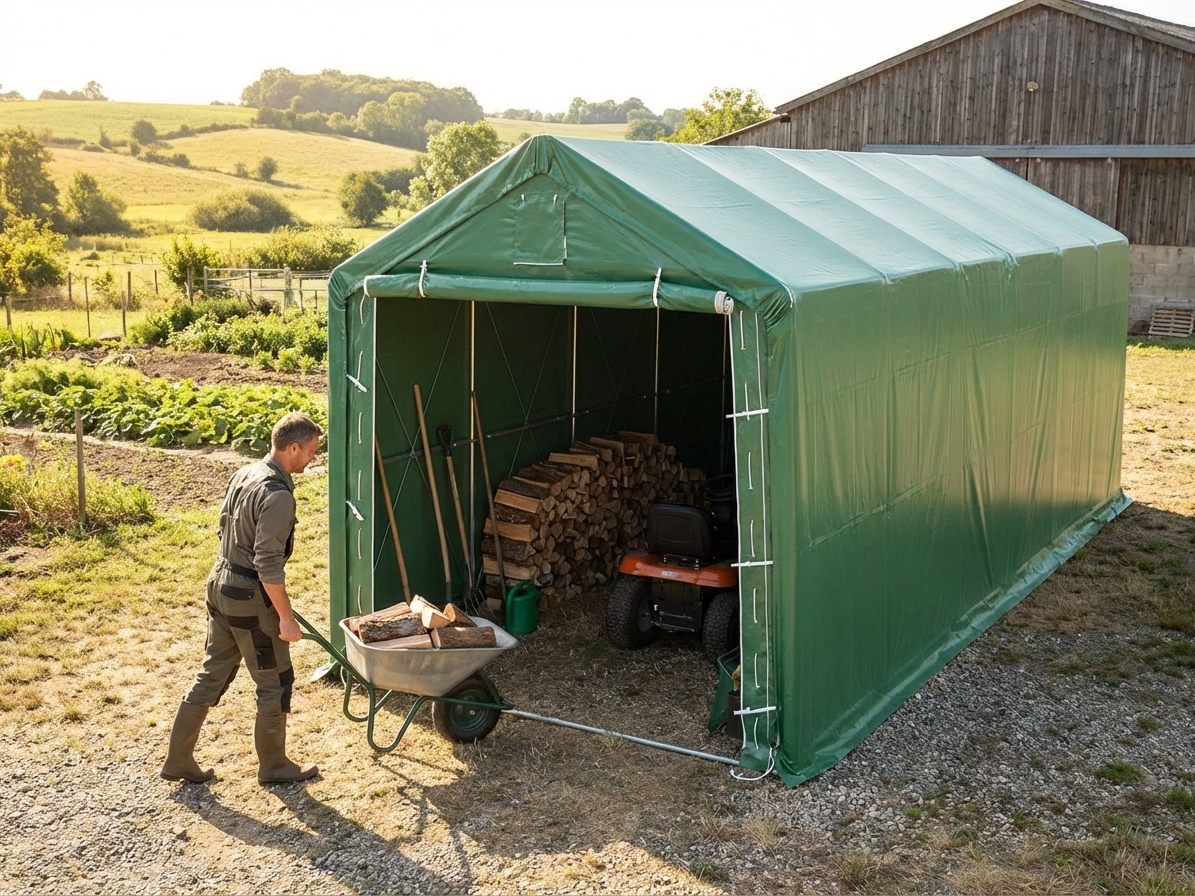 Green PVC and steel storage shelter 4x10x3.5 m