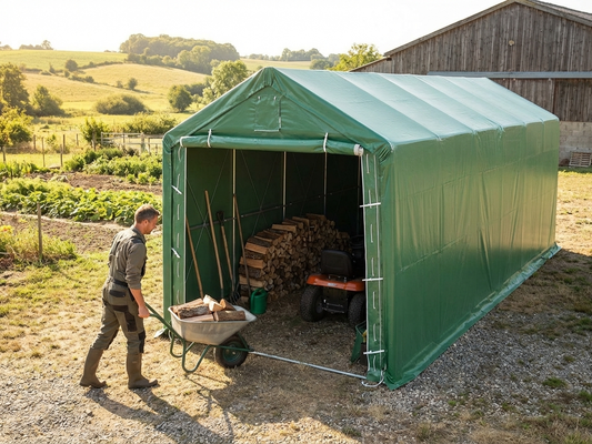 Green PVC and steel storage shelter 4x10x3.5 m