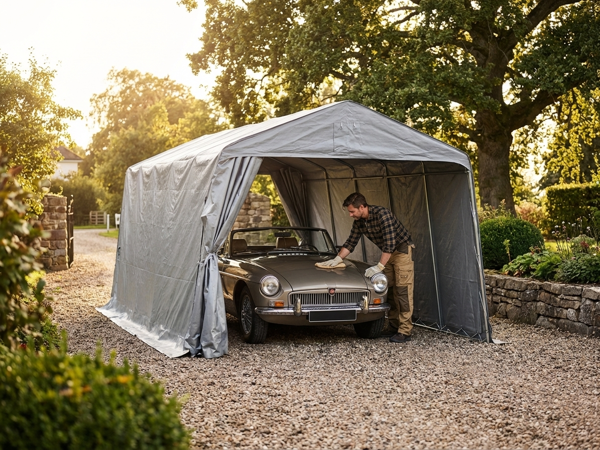Portable garage in grey with polyethylene tarpaulin and steel frame - product detail