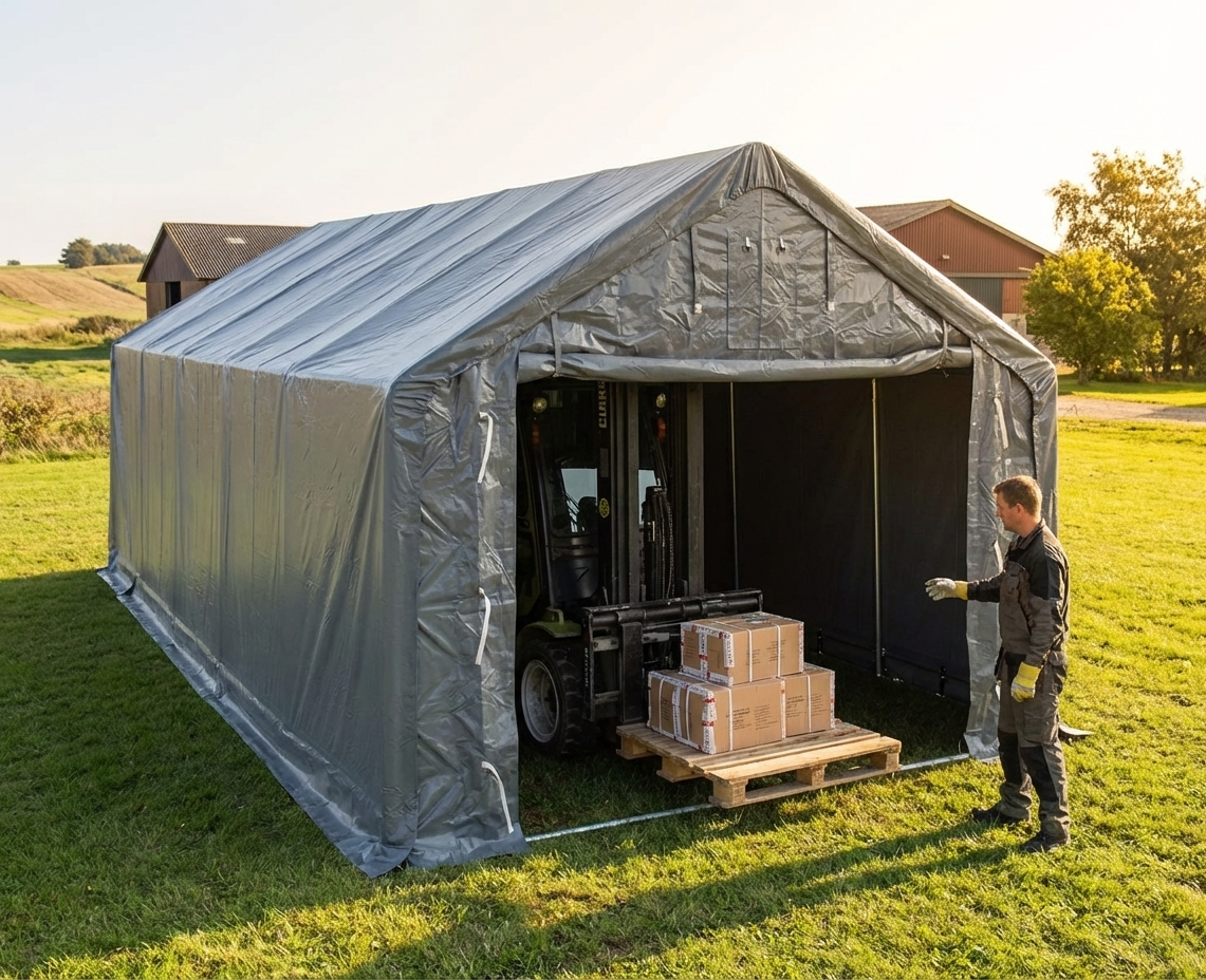 Grey storage shelter made of PVC and steel, industrial use - product detail