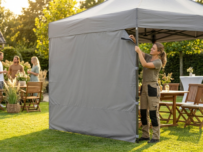 Grey polyester sidewall for event tents with waterproof PVC backing