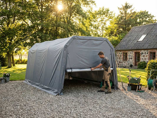 Grey portable garage endwall made of polyethylene tarpaulin