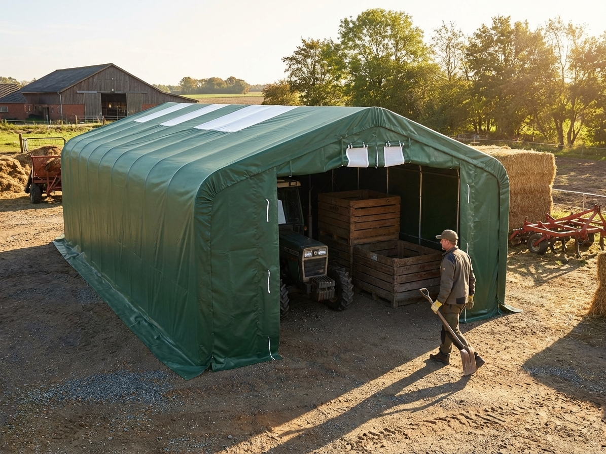 Green storage shelter 7x7x3.8m made of PVC and steel for outdoor use - view 3