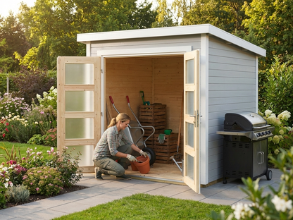 Wooden shed in light grey made from Nordic Spruce for garden storage - view 3