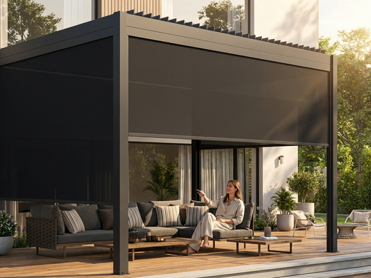 Black pergola sidewall screen made from sunshine fabric - product detail