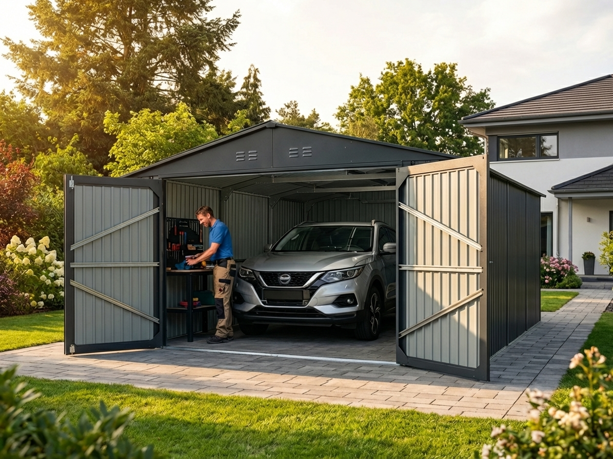 Metal garage in anthracite made of galvanised steel