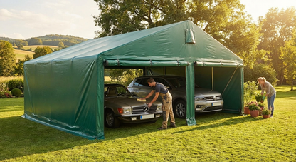 Portable double garage in green PVC with galvanised steel frame