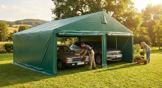 Portable double garage in green PVC with galvanised steel frame